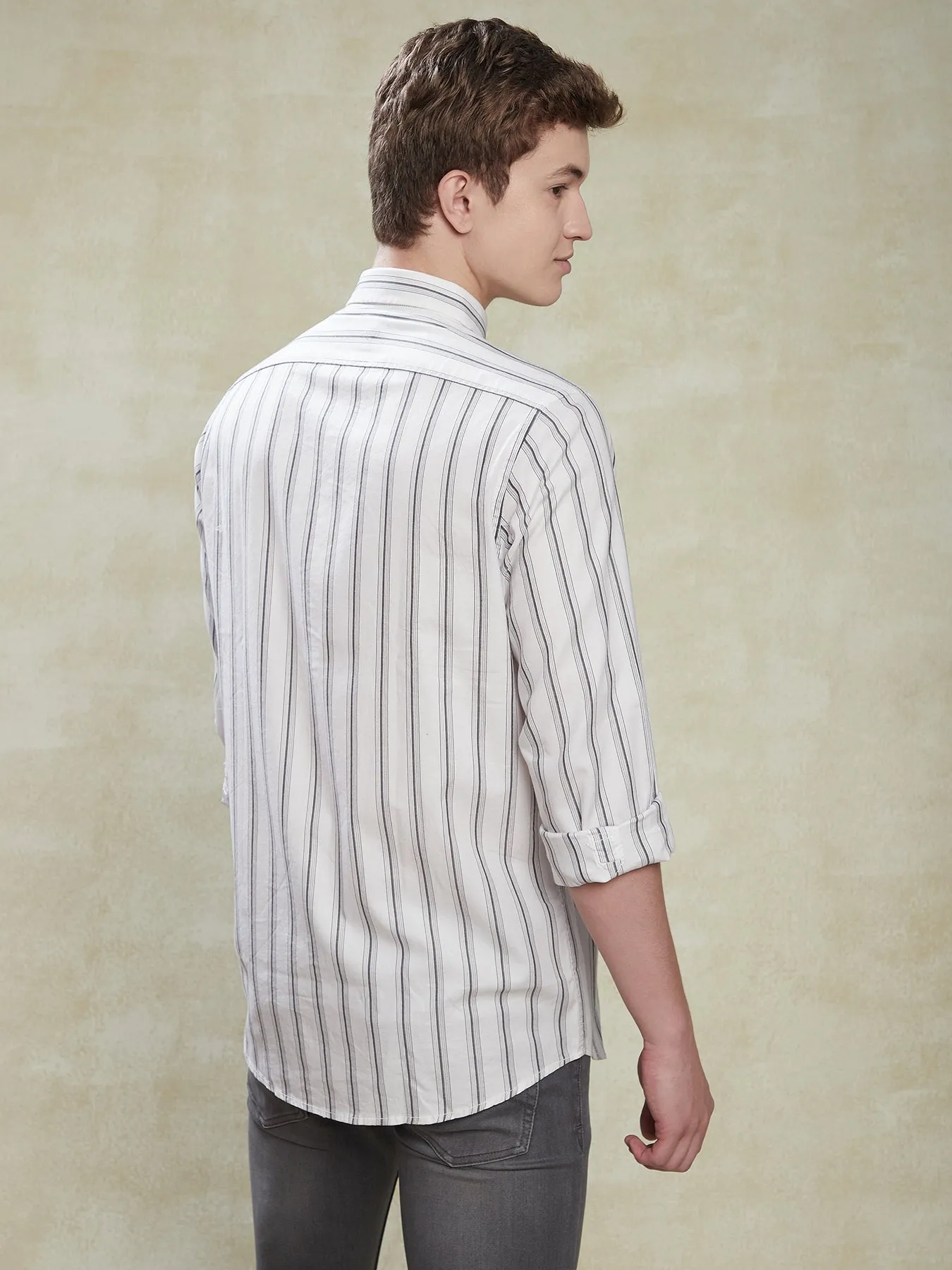 100% Cotton White Slim Fit Full Sleeve Striped Casual Mens Shirt