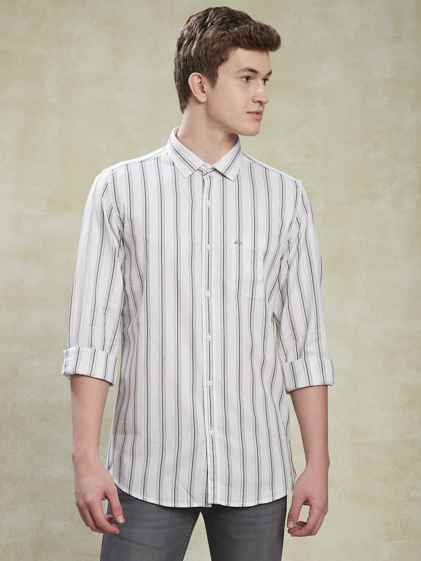 100% Cotton White Slim Fit Full Sleeve Striped Casual Mens Shirt