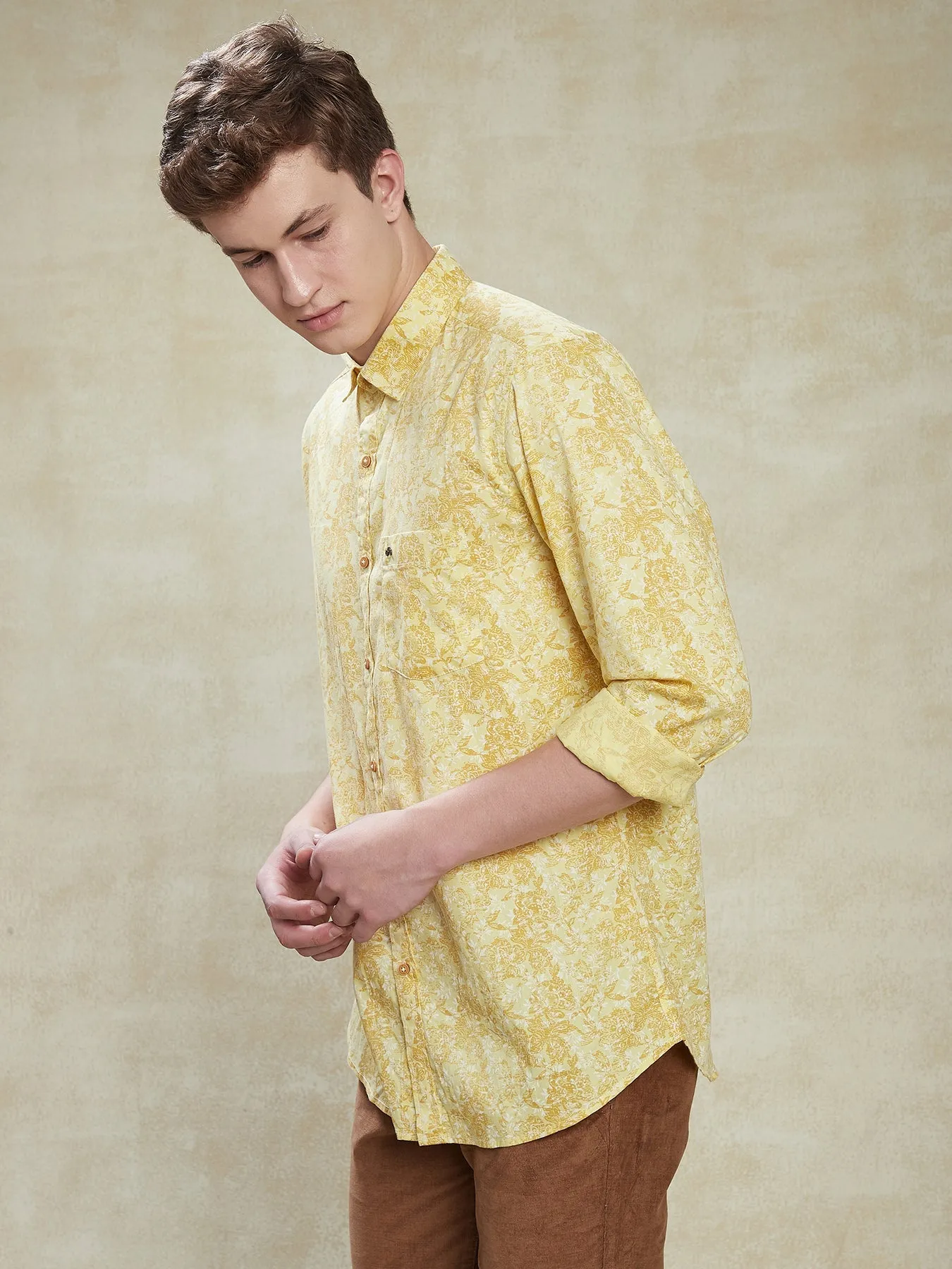 100% Cotton Yellow Slim Fit Full Sleeve Casual Mens Printed Shirt