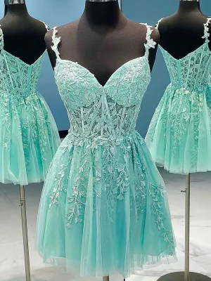 A Line V Neck Short Green Lace Prom Dresses, Short Green Lace Formal Homecoming Dresses