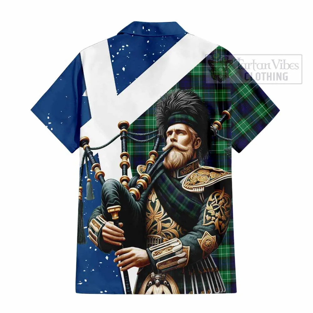 Abercrombie Tartan Short Sleeve Button Shirt with Family Crest Scottish Bagpiper Vibes