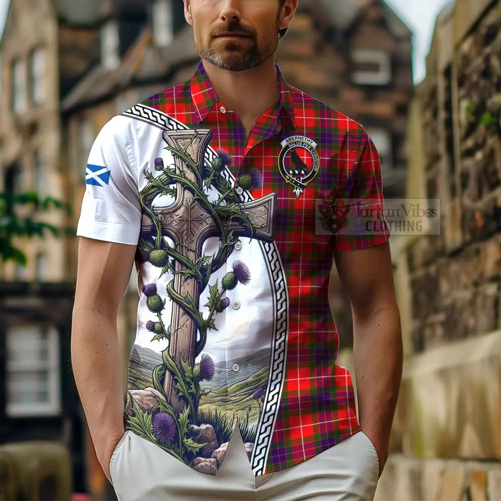 Abernethy Tartan Short Sleeve Button Shirt with Family Crest and St. Andrew's Cross Accented by Thistle Vines