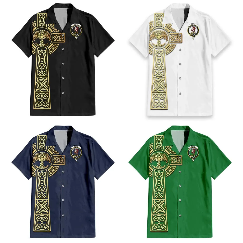 Adair Clan Mens Short Sleeve Button Up Shirt with Golden Celtic Tree Of Life