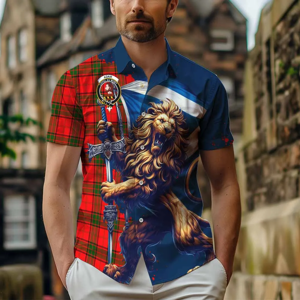 Adair Tartan Family Crest Short Sleeve Button Shirt with Scottish Majestic Lion