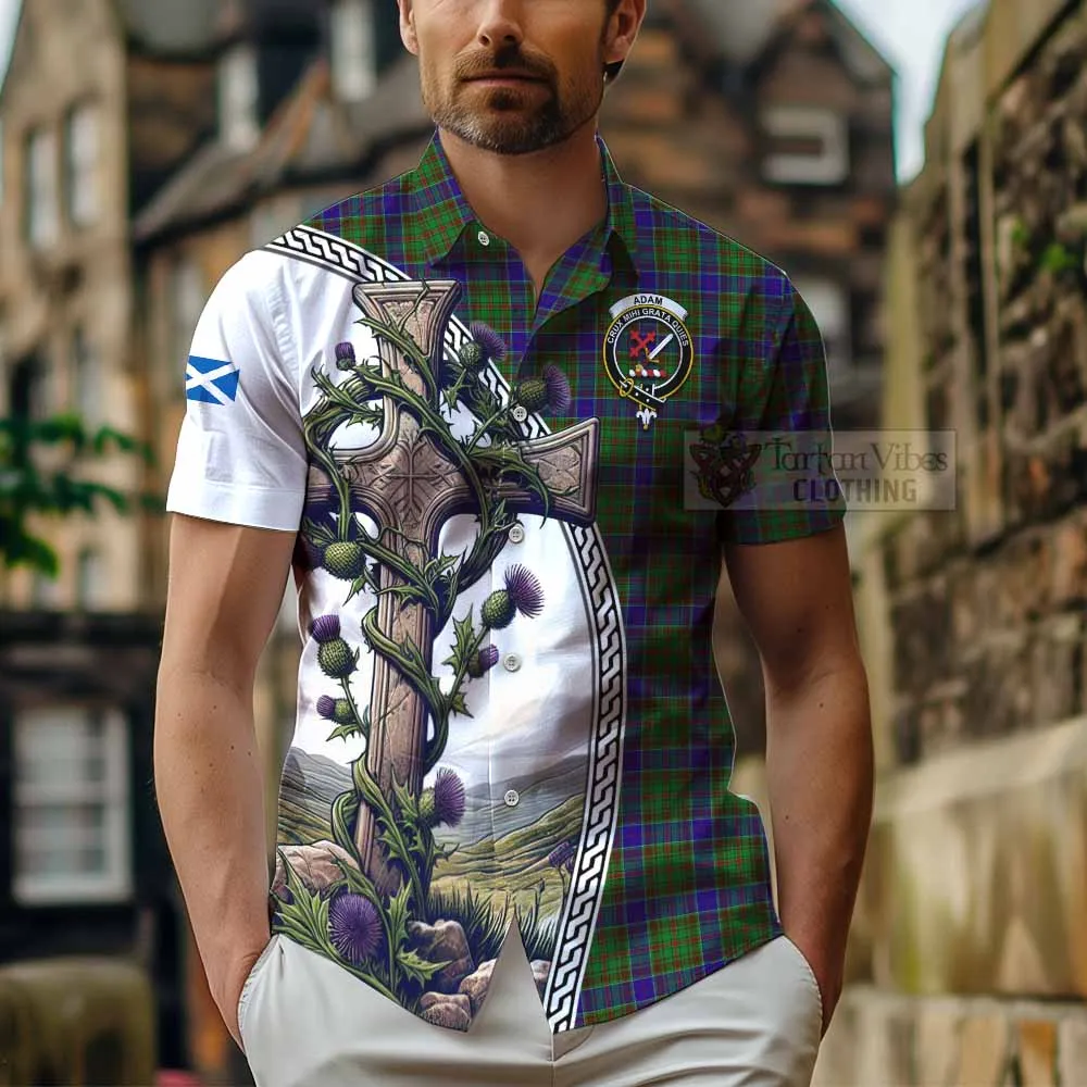 Adam Tartan Short Sleeve Button Shirt with Family Crest and St. Andrew's Cross Accented by Thistle Vines