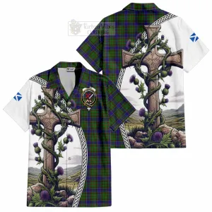 Adam Tartan Short Sleeve Button Shirt with Family Crest and St. Andrew's Cross Accented by Thistle Vines