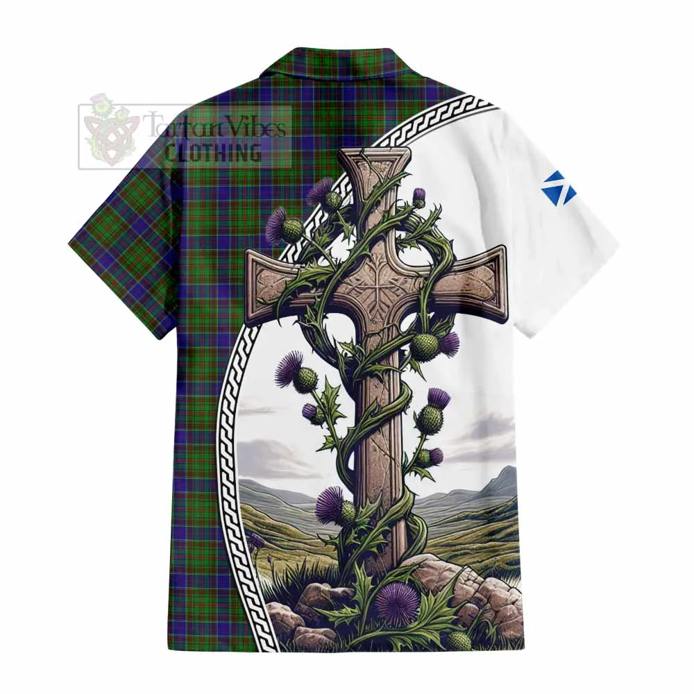 Adam Tartan Short Sleeve Button Shirt with Family Crest and St. Andrew's Cross Accented by Thistle Vines