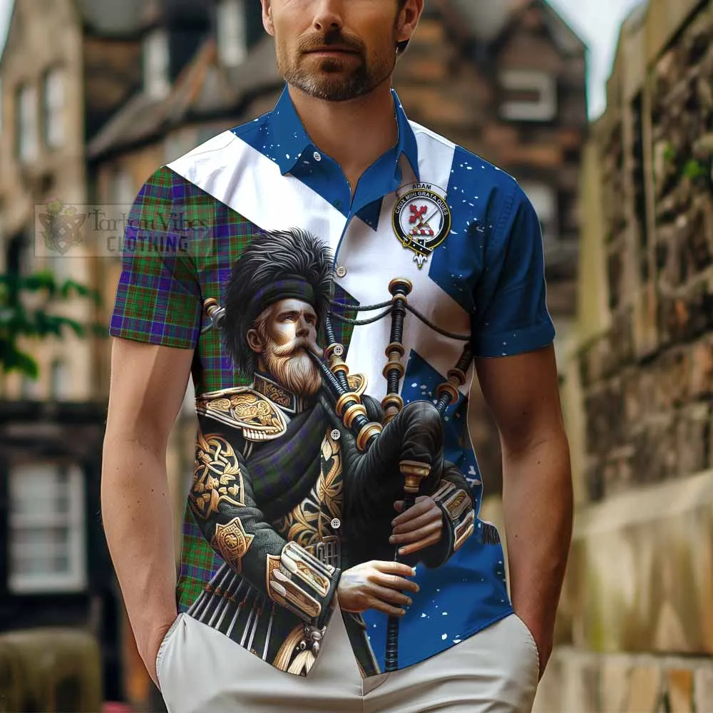 Adam Tartan Short Sleeve Button Shirt with Family Crest Scottish Bagpiper Vibes