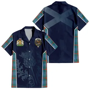 Agnew Ancient Tartan Short Sleeve Button Up Shirt with Family Crest and Scottish Thistle Vibes Sport Style