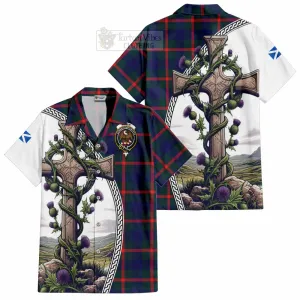 Agnew Tartan Short Sleeve Button Shirt with Family Crest and St. Andrew's Cross Accented by Thistle Vines