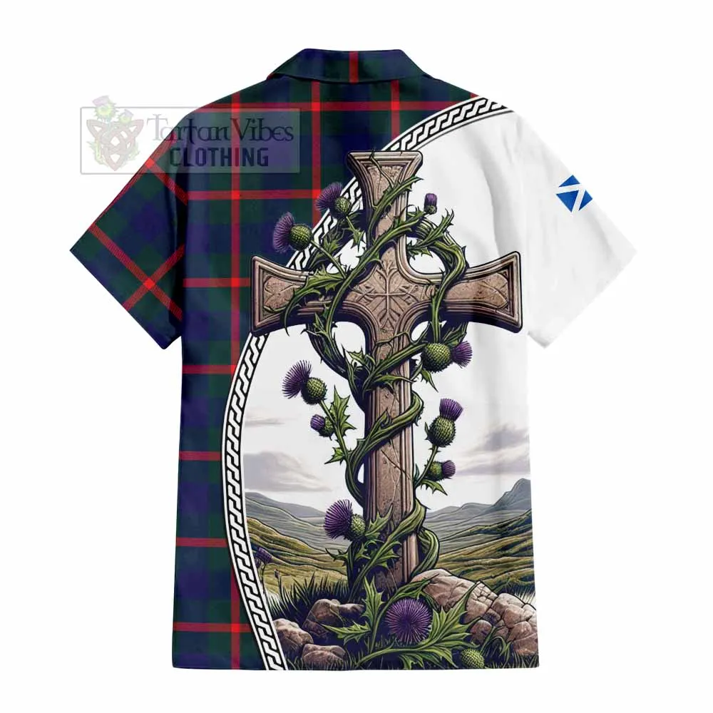 Agnew Tartan Short Sleeve Button Shirt with Family Crest and St. Andrew's Cross Accented by Thistle Vines