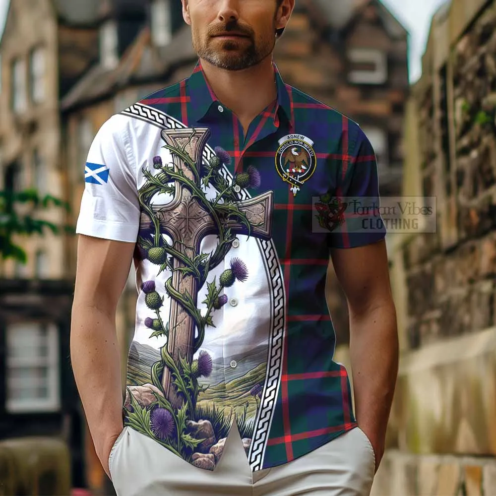 Agnew Tartan Short Sleeve Button Shirt with Family Crest and St. Andrew's Cross Accented by Thistle Vines