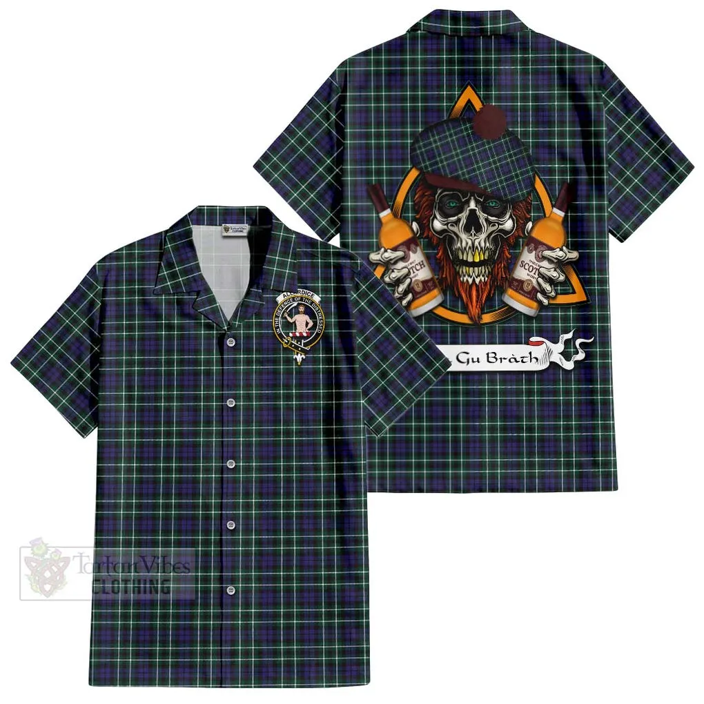 Allardice Tartan Short Sleeve Button Shirt with Family Crest and Bearded Skull Holding Bottles of Whiskey