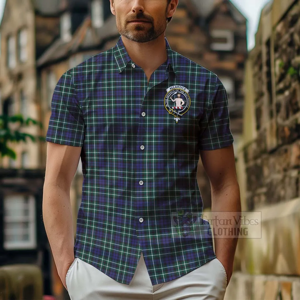 Allardice Tartan Short Sleeve Button Shirt with Family Crest and Bearded Skull Holding Bottles of Whiskey