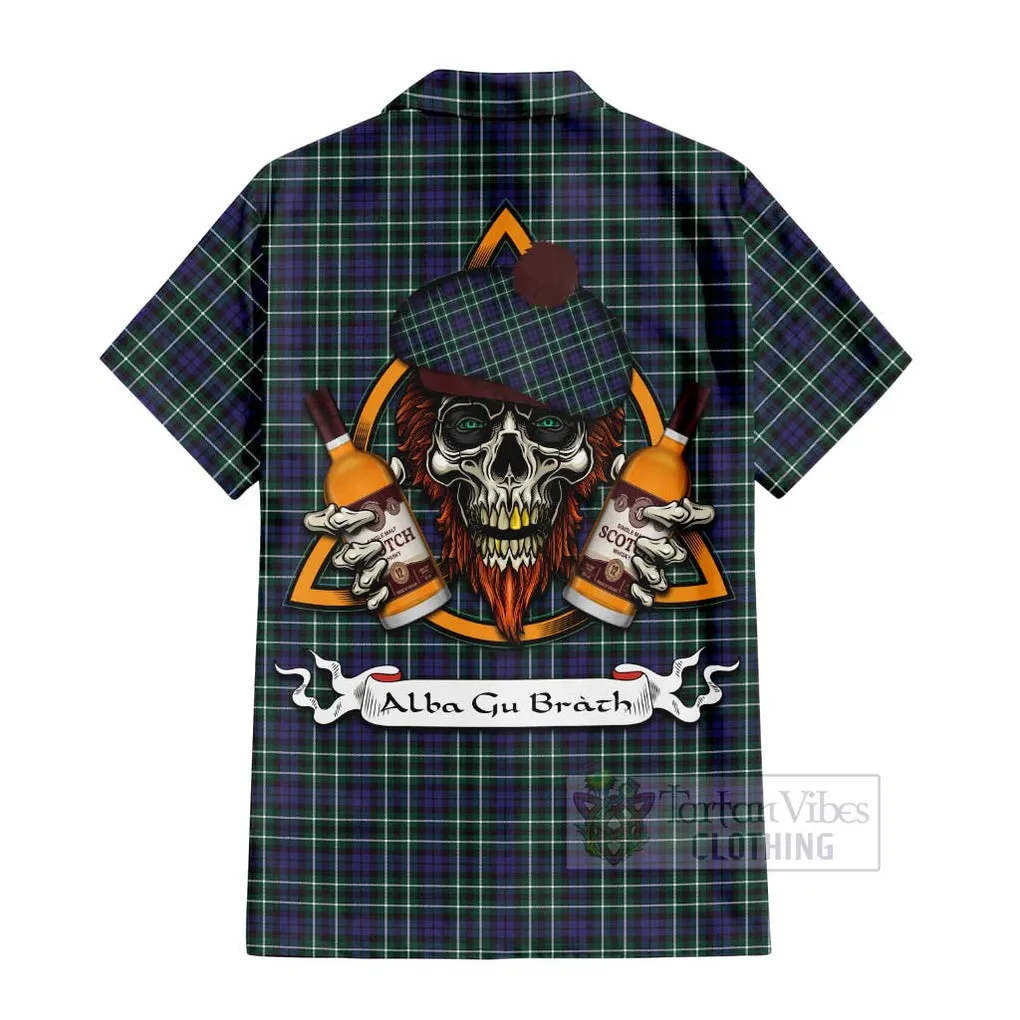 Allardice Tartan Short Sleeve Button Shirt with Family Crest and Bearded Skull Holding Bottles of Whiskey