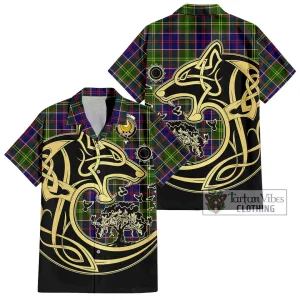 Arnott Tartan Short Sleeve Button Shirt with Family Crest Celtic Wolf Style