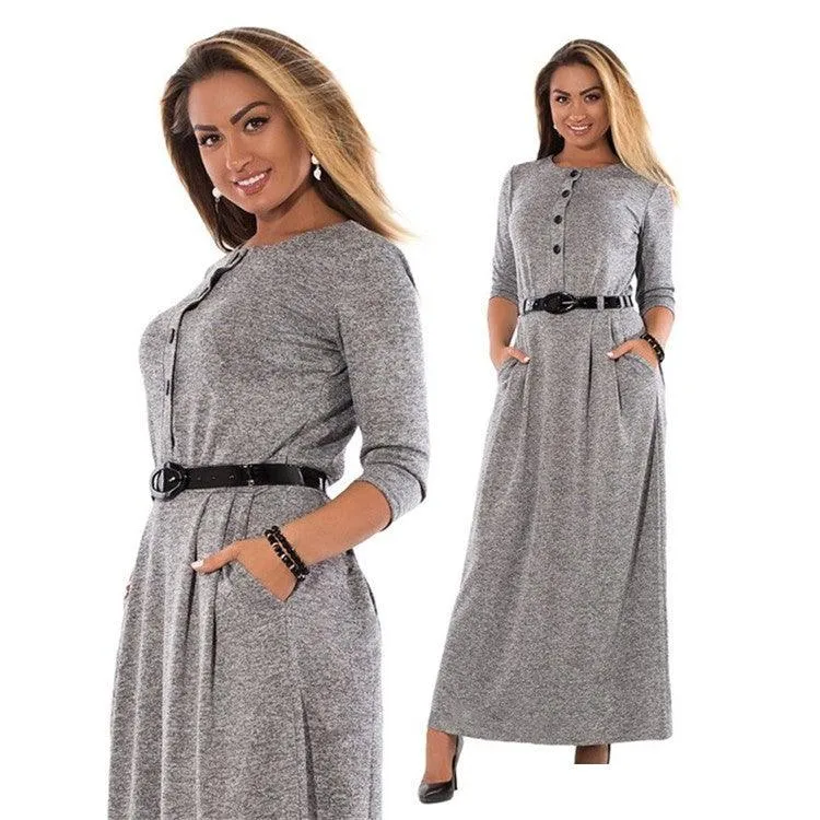 Autumn Clothes Plus Size Women's Clothes Dress Solid Color Long Sleeve High Waist Belt