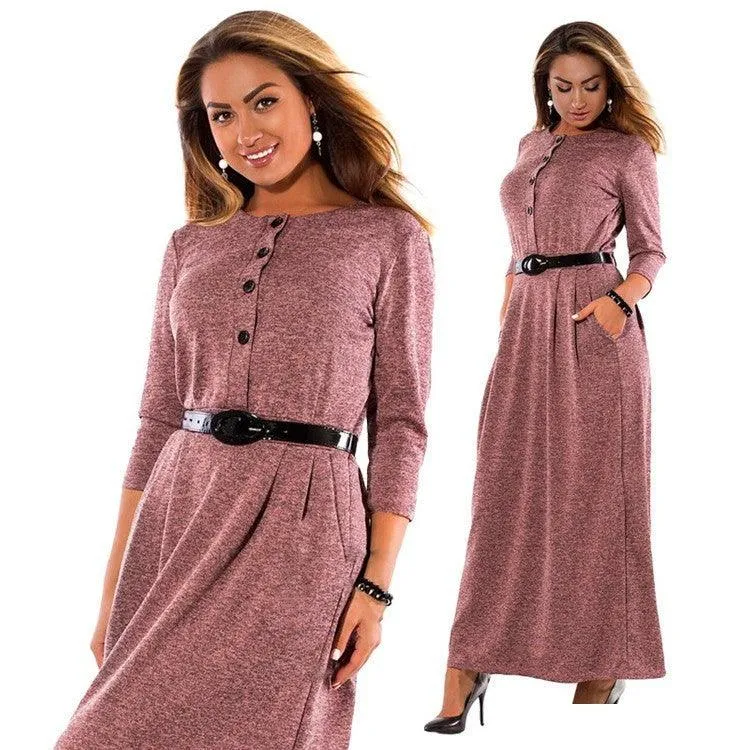 Autumn Clothes Plus Size Women's Clothes Dress Solid Color Long Sleeve High Waist Belt