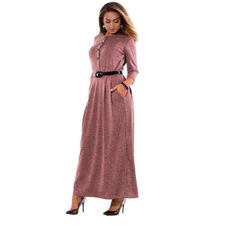 Autumn Clothes Plus Size Women's Clothes Dress Solid Color Long Sleeve High Waist Belt