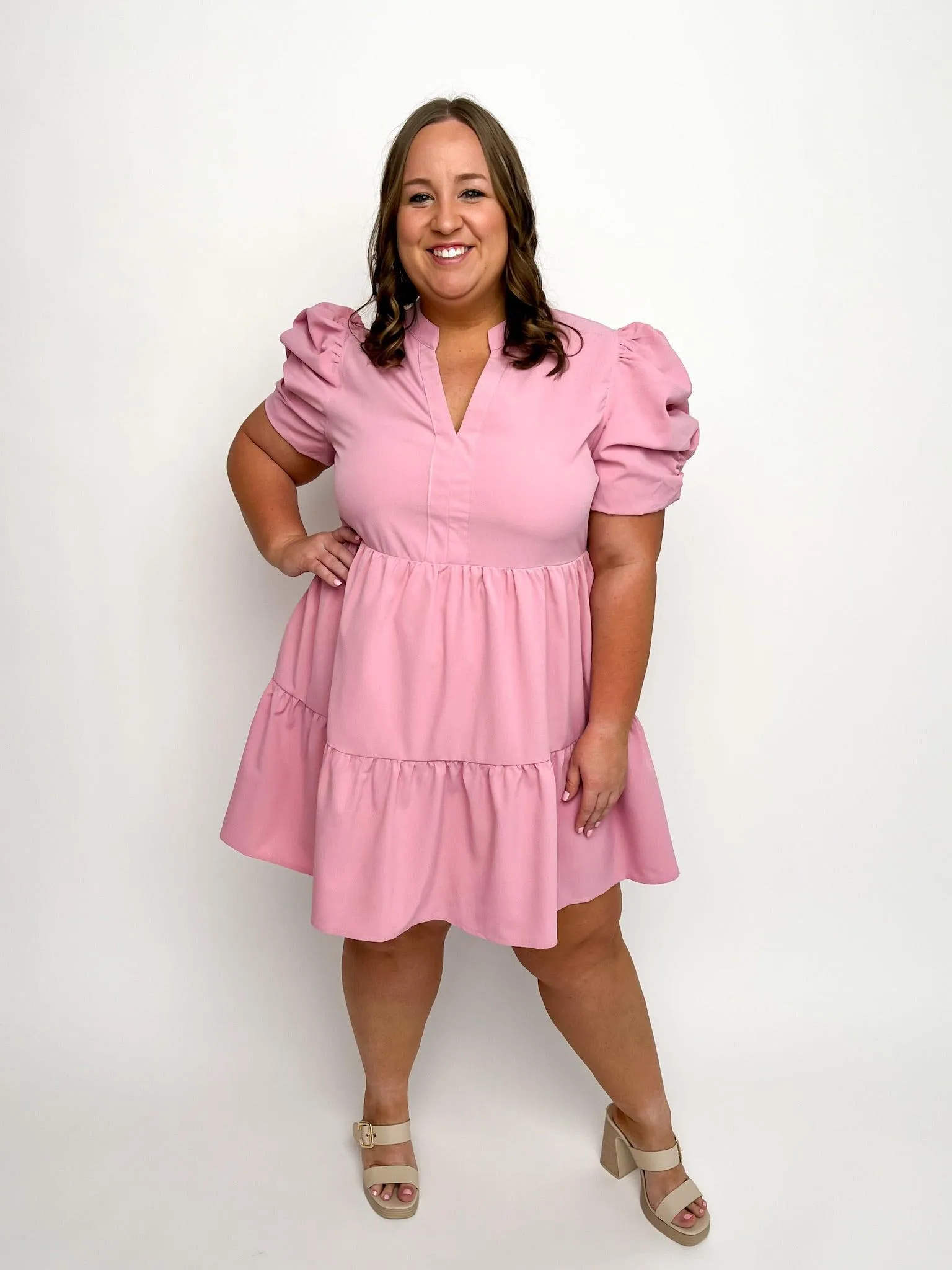 Baby Pink Ruched Sleeve Dress