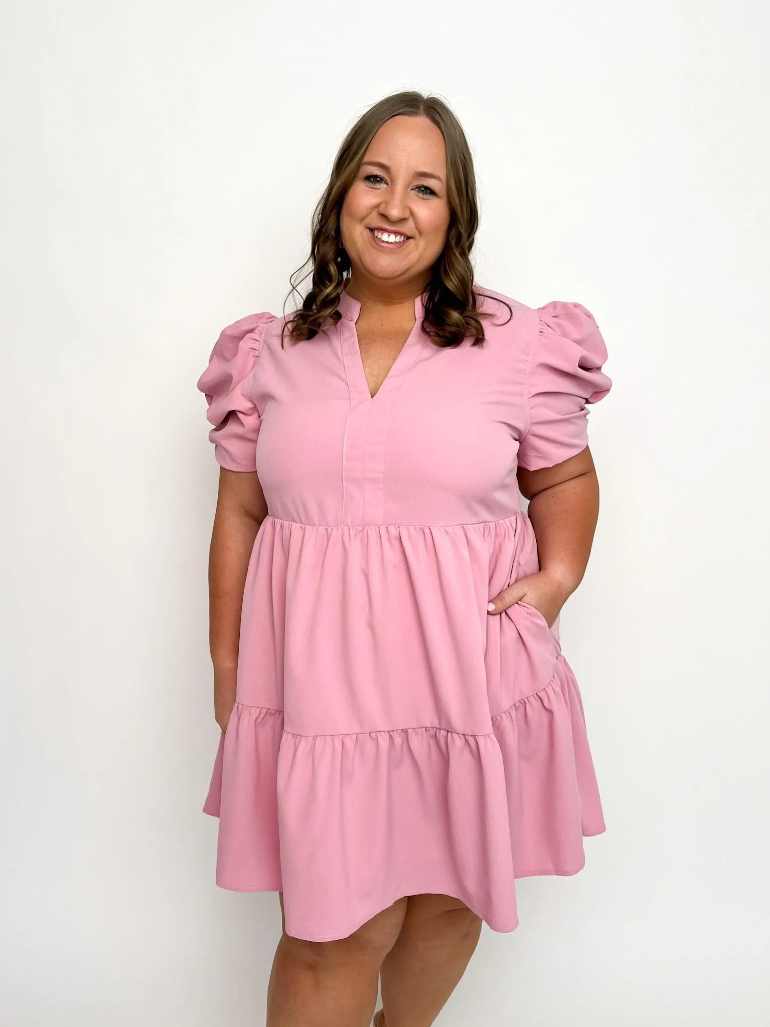 Baby Pink Ruched Sleeve Dress