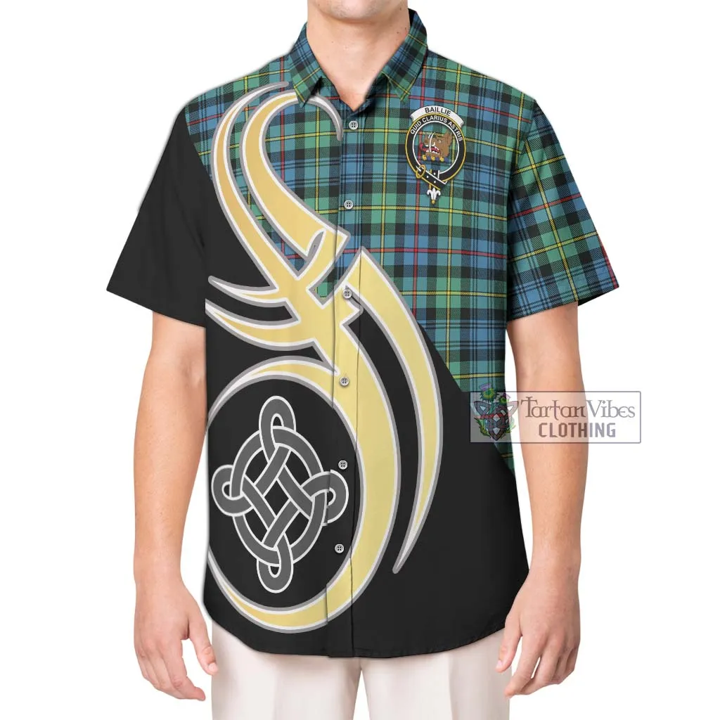 Baillie Ancient Tartan Short Sleeve Button Shirt with Family Crest and Celtic Symbol Style