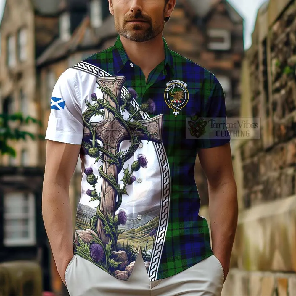 Bannatyne Tartan Short Sleeve Button Shirt with Family Crest and St. Andrew's Cross Accented by Thistle Vines