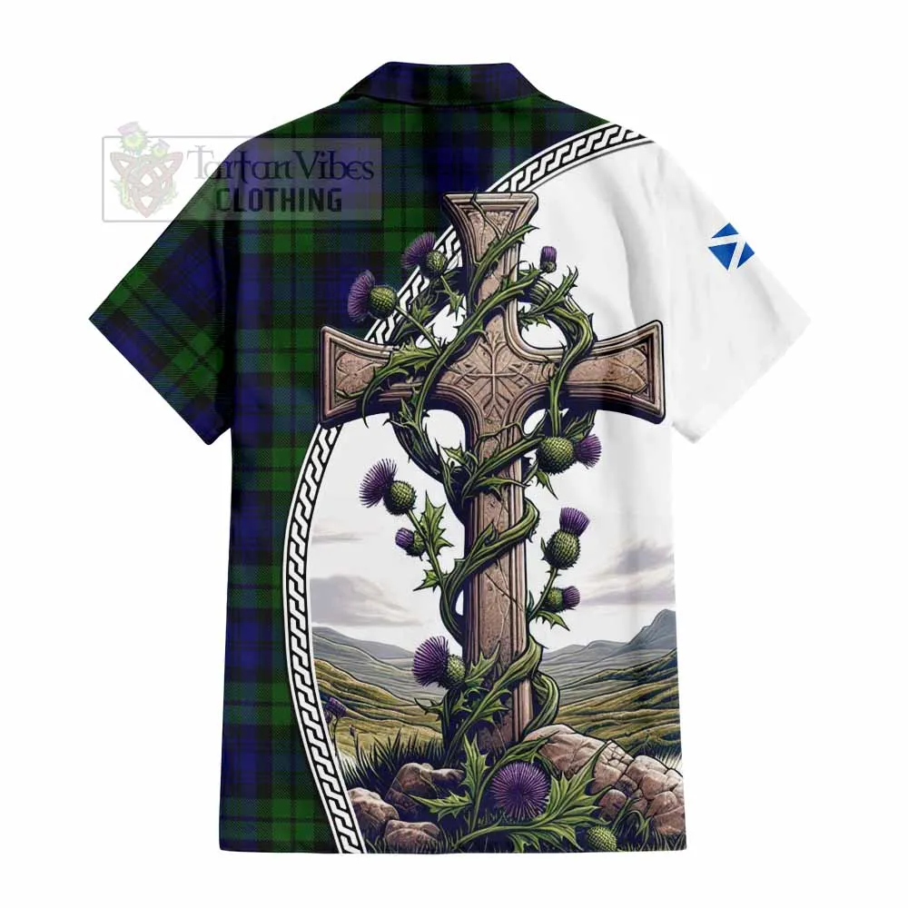 Bannatyne Tartan Short Sleeve Button Shirt with Family Crest and St. Andrew's Cross Accented by Thistle Vines