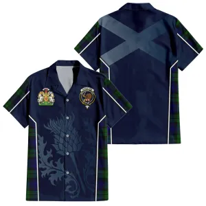 Bannatyne Tartan Short Sleeve Button Up Shirt with Family Crest and Scottish Thistle Vibes Sport Style