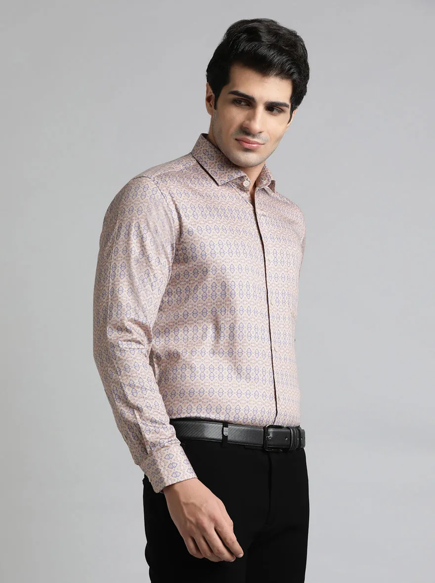 Beige & Blue Printed Slim Fit Formal Shirt | Metal