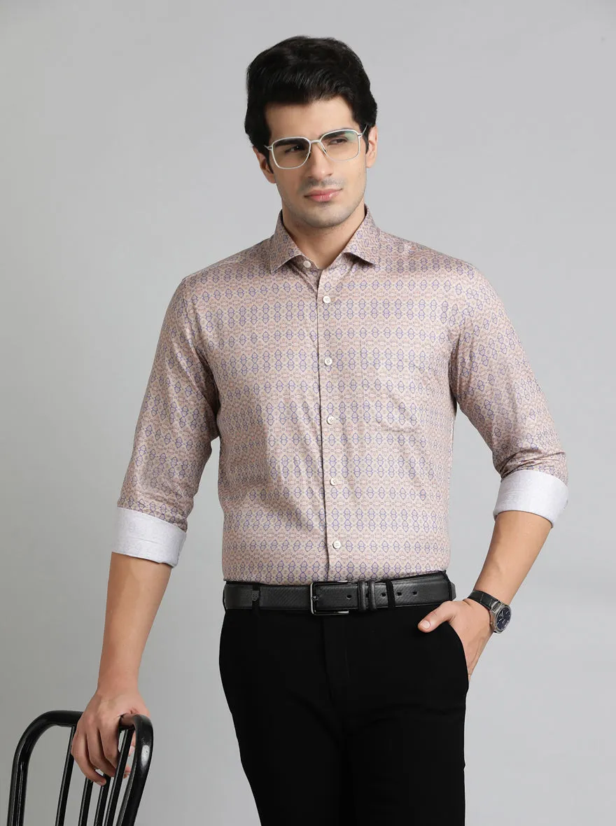 Beige & Blue Printed Slim Fit Formal Shirt | Metal