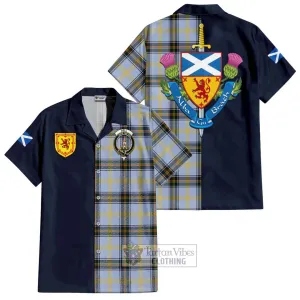 Bell of the Borders Tartan Short Sleeve Button Shirt Alba with Scottish Lion Royal Arm Half Style