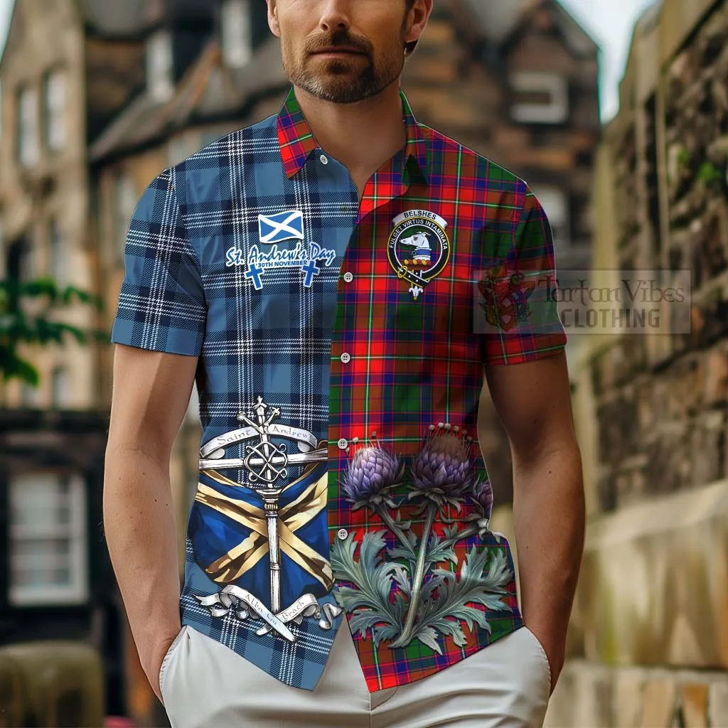 Belshes (Belsches) Tartan Short Sleeve Button Shirt Happy St. Andrew's Day Half Tartan Style