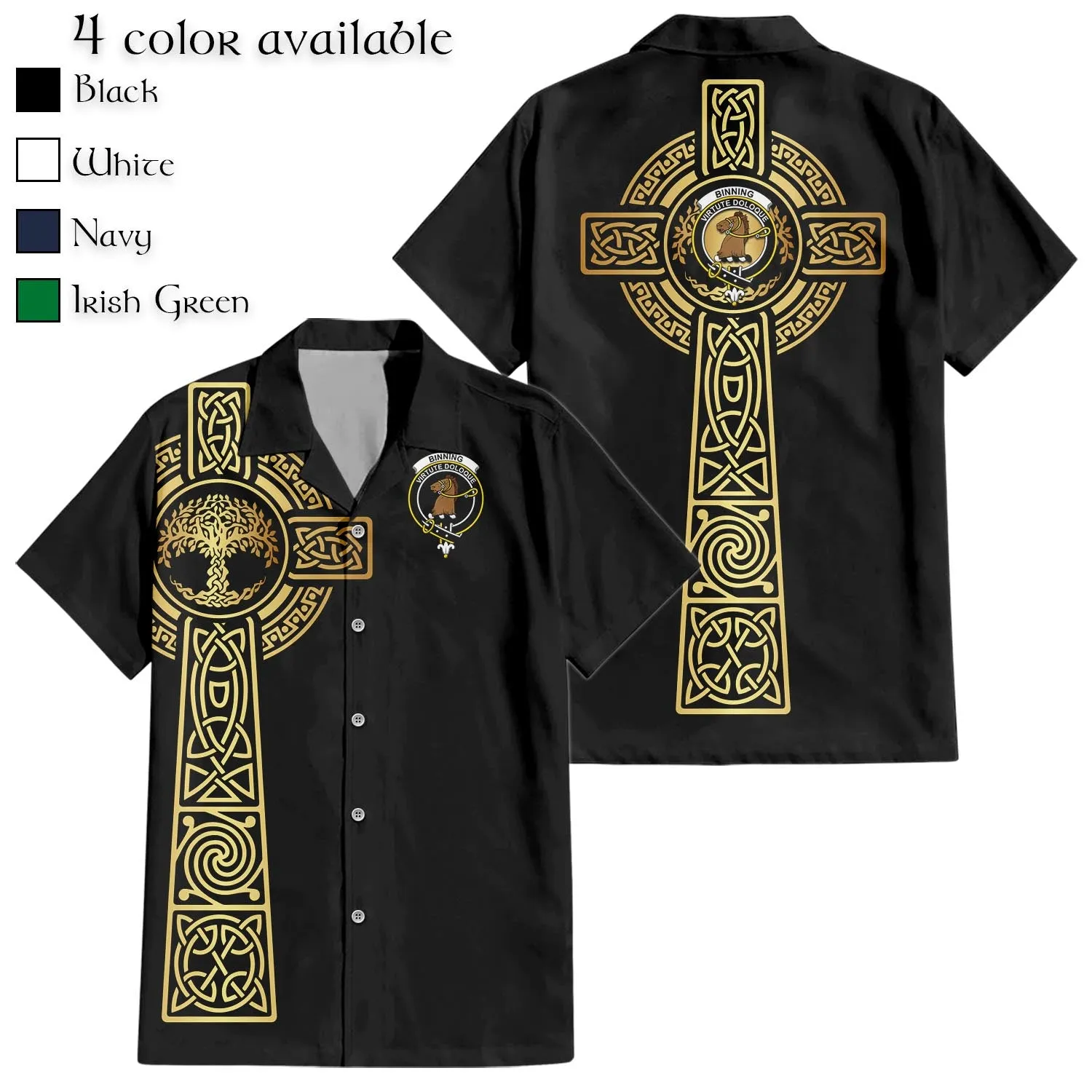 Binning Clan Mens Short Sleeve Button Up Shirt with Golden Celtic Tree Of Life