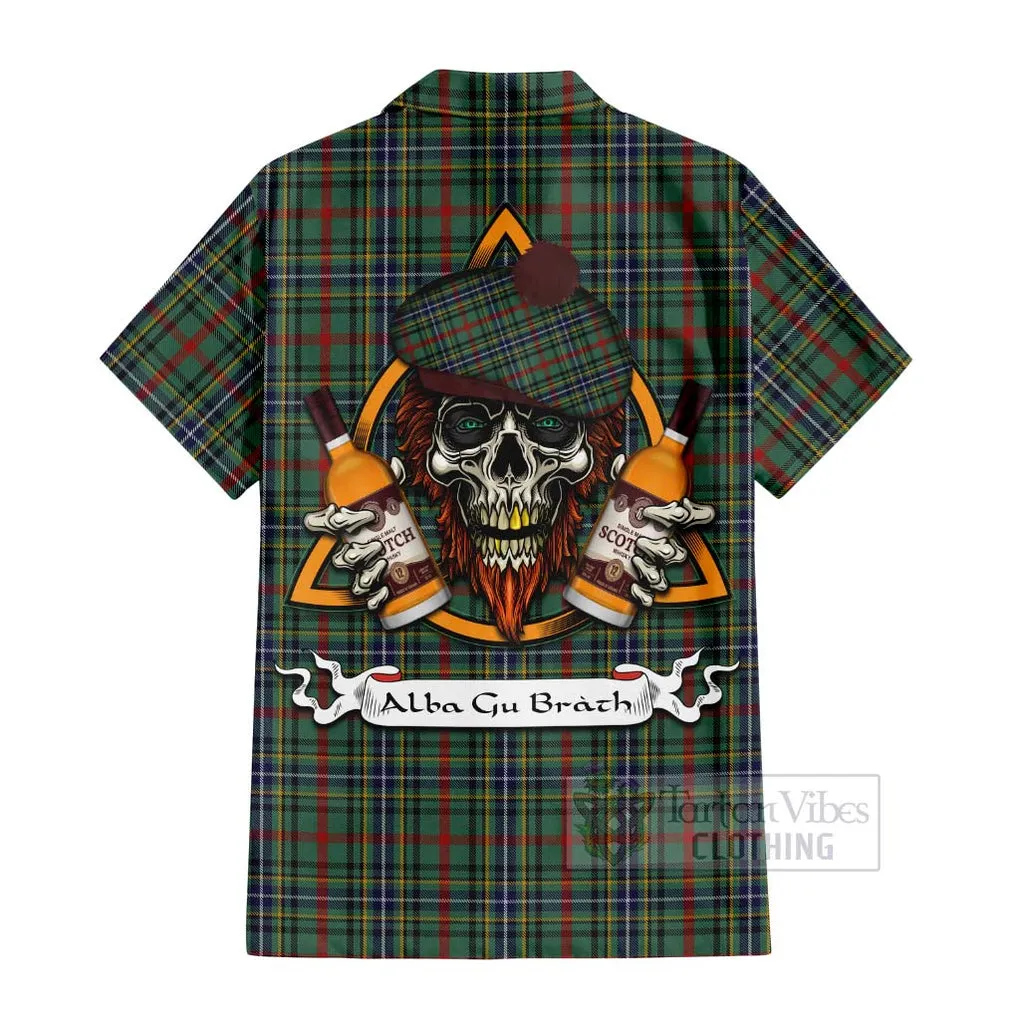 Bisset Tartan Short Sleeve Button Shirt with Family Crest and Bearded Skull Holding Bottles of Whiskey