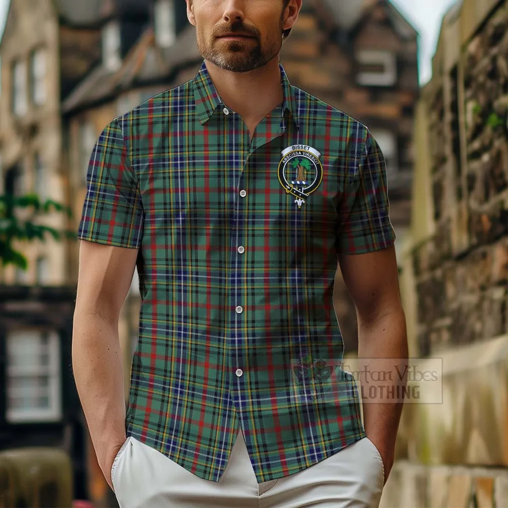 Bisset Tartan Short Sleeve Button Shirt with Family Crest and Bearded Skull Holding Bottles of Whiskey