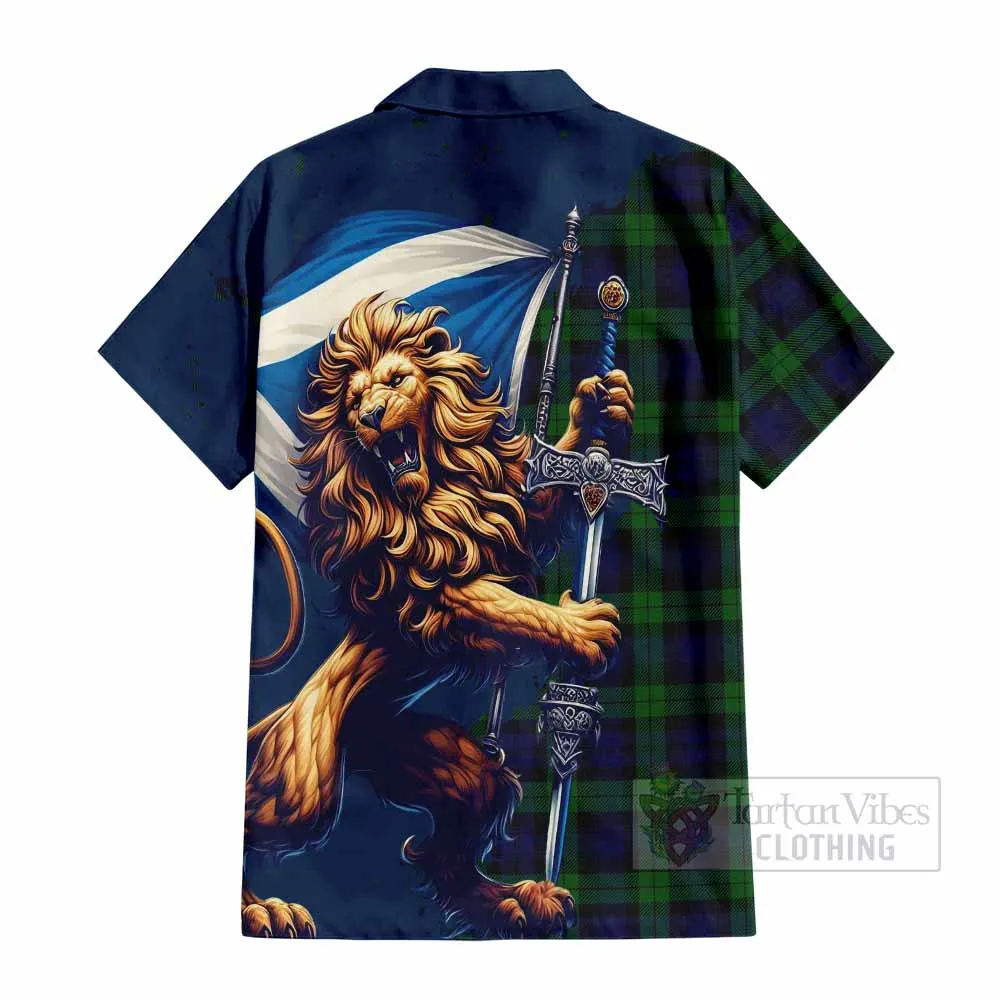 Black Watch Tartan Family Crest Short Sleeve Button Shirt with Scottish Majestic Lion