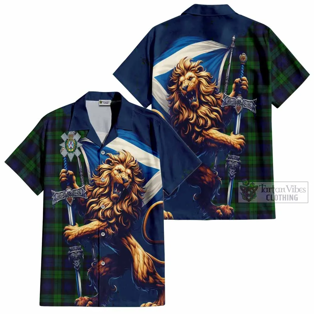 Black Watch Tartan Family Crest Short Sleeve Button Shirt with Scottish Majestic Lion