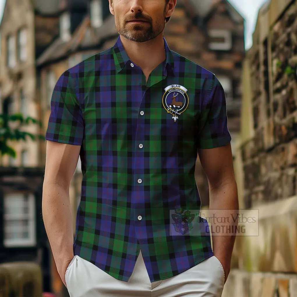 Blair Tartan Short Sleeve Button Shirt with Family Crest and Bearded Skull Holding Bottles of Whiskey