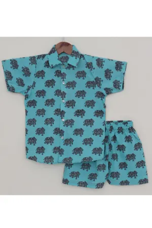 Blue Elephant Printed Pure Cotton Shirt With Short Set