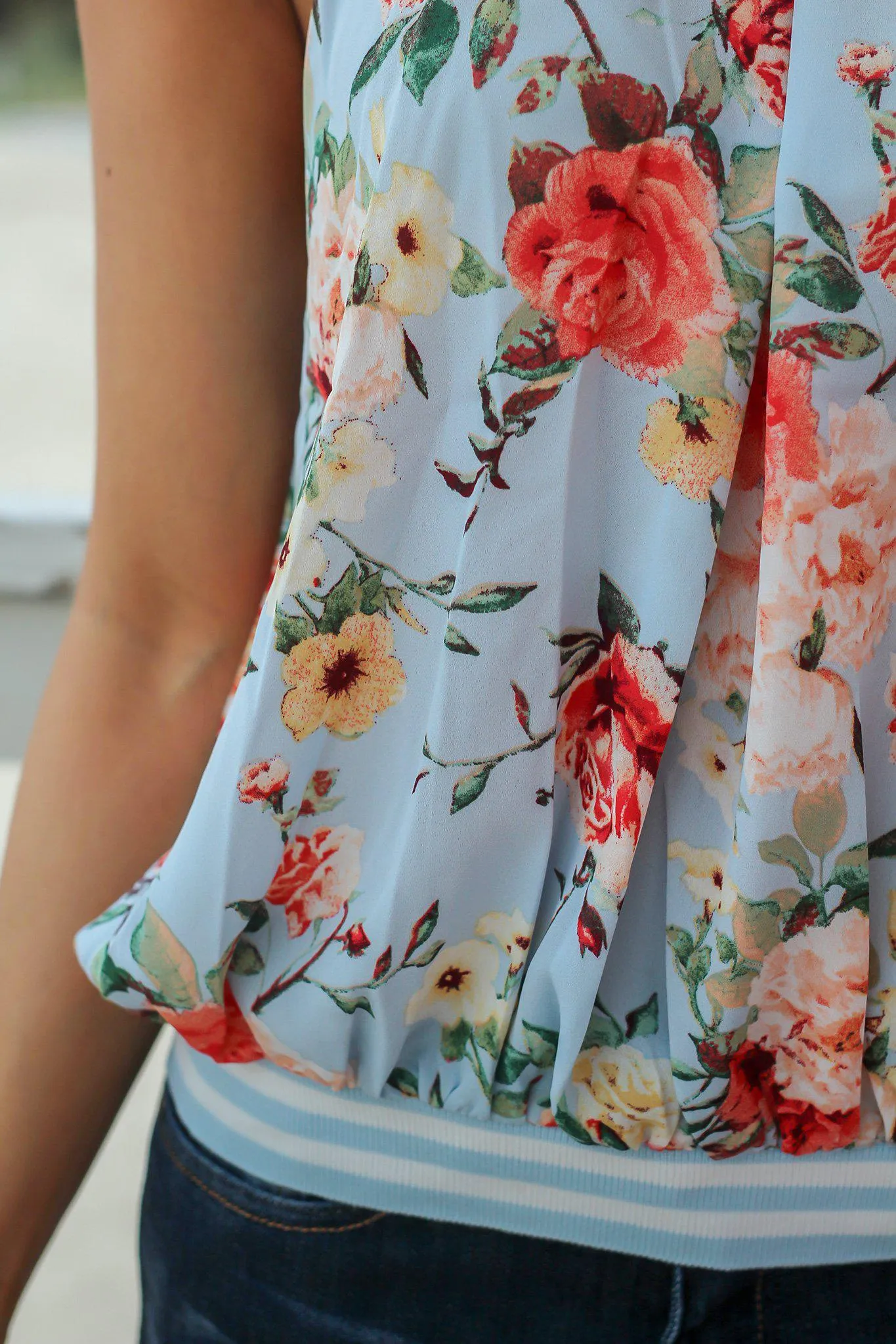 Blue Floral Pleated Tank Top