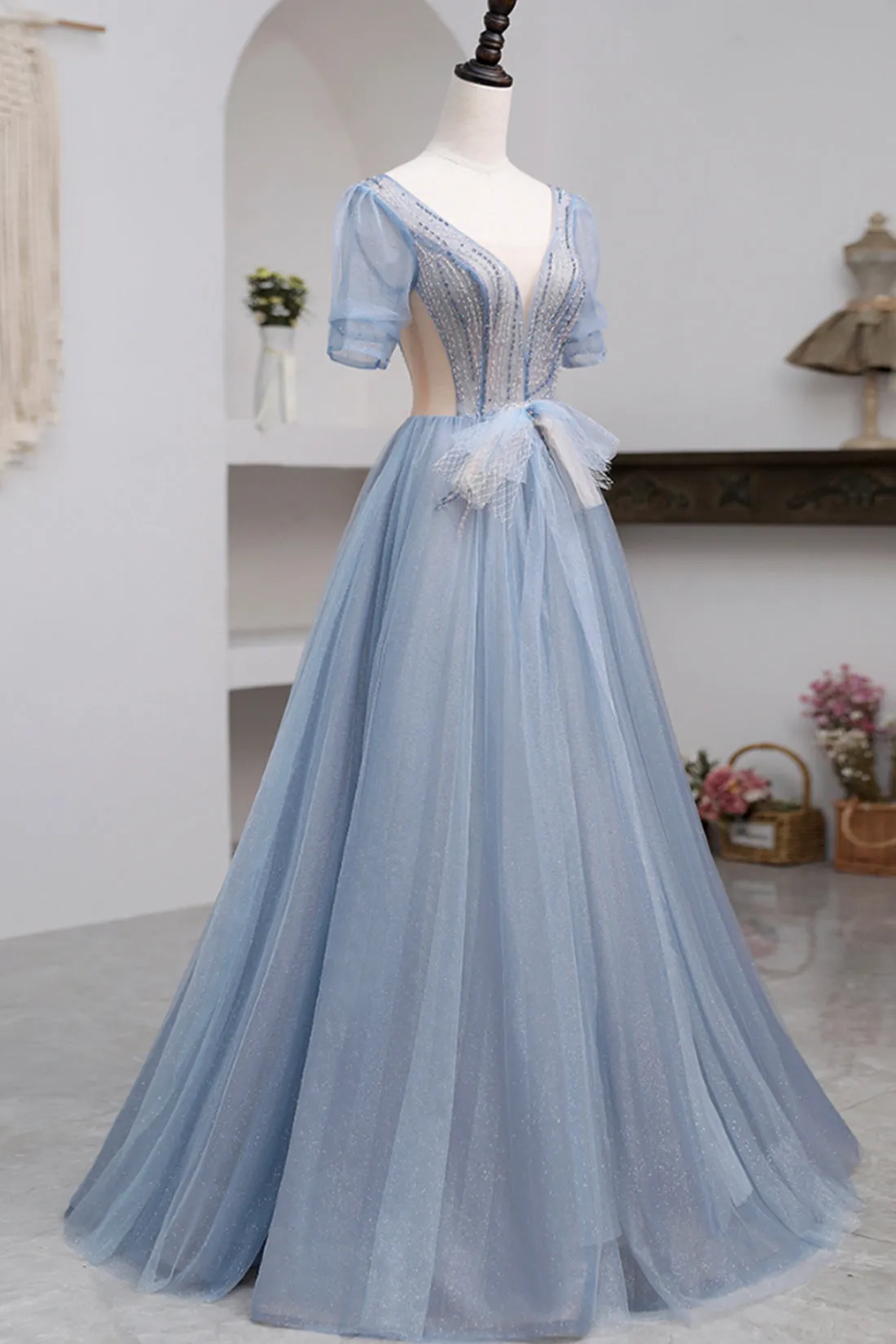 Blue Short Sleeve Tulle Floor Length Prom Dress with Beaded, Blue A-Line Evening Dress