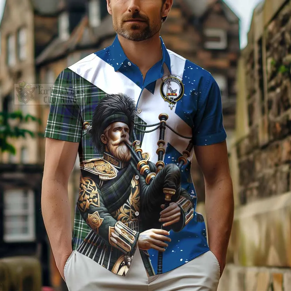 Blyth Tartan Short Sleeve Button Shirt with Family Crest Scottish Bagpiper Vibes