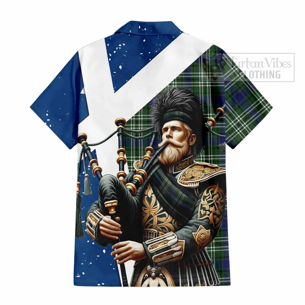 Blyth Tartan Short Sleeve Button Shirt with Family Crest Scottish Bagpiper Vibes