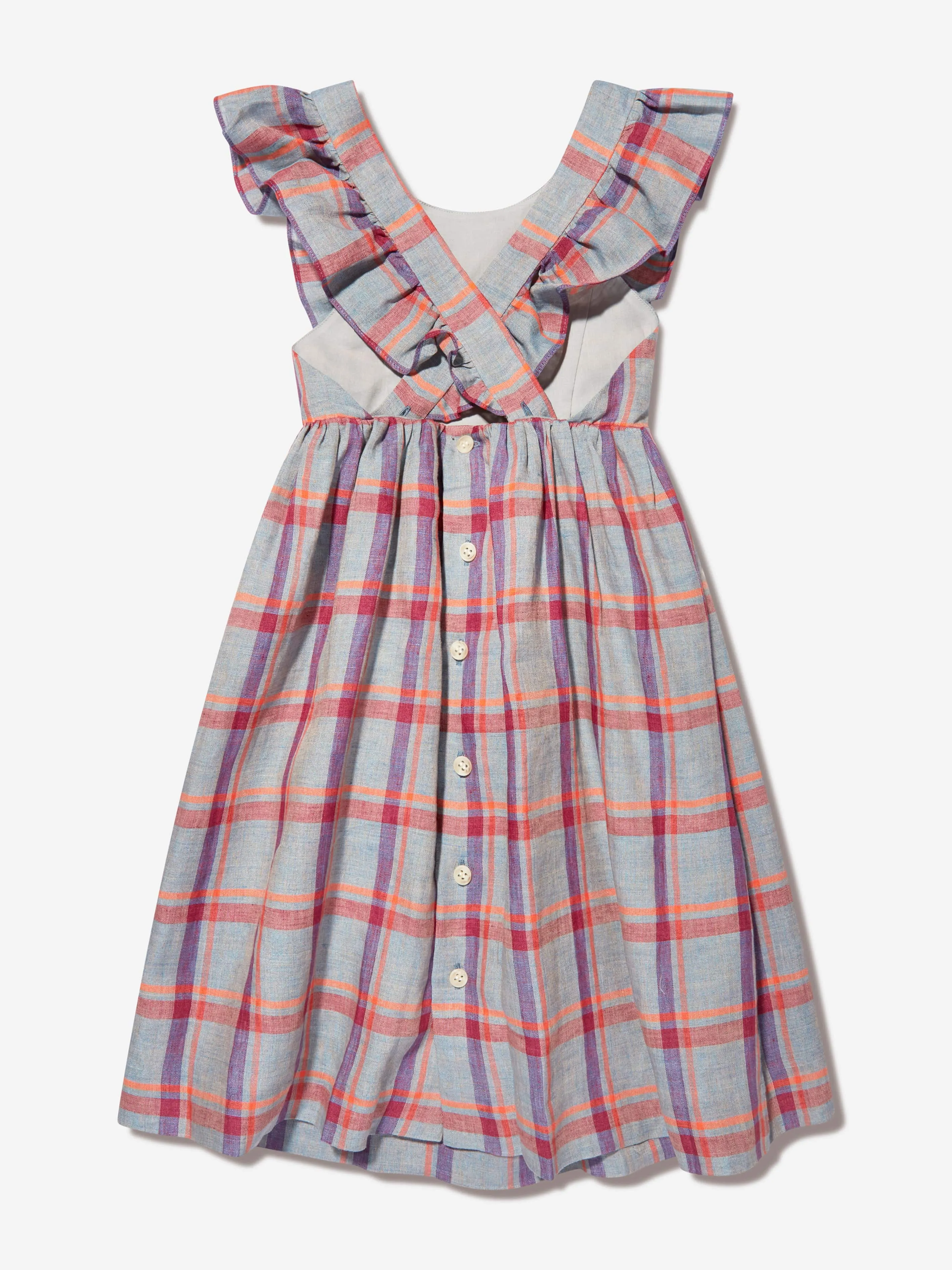 Bonpoint Girls Checked Linen Carole Dress in Grey