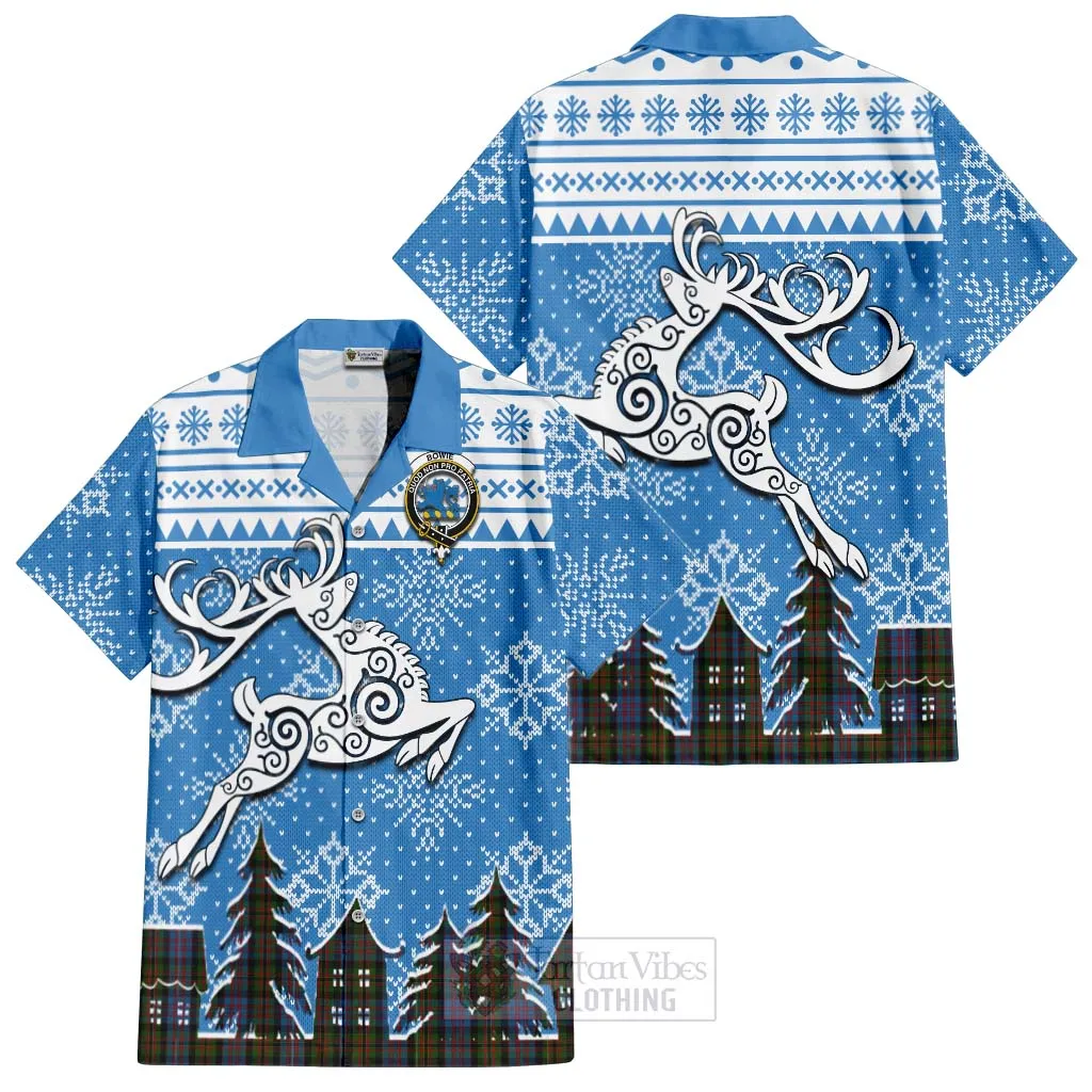 Bowie Clan Christmas Short Sleeve Button Shirt Celtic Reindeer Style