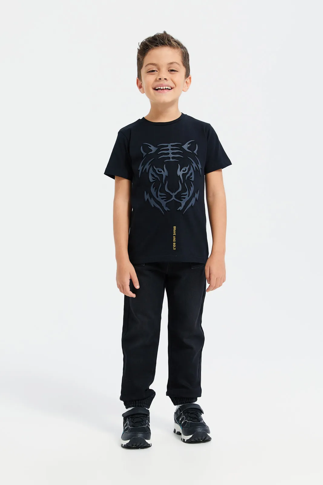 Boys Black Embossed Short Sleeve T-Shirt