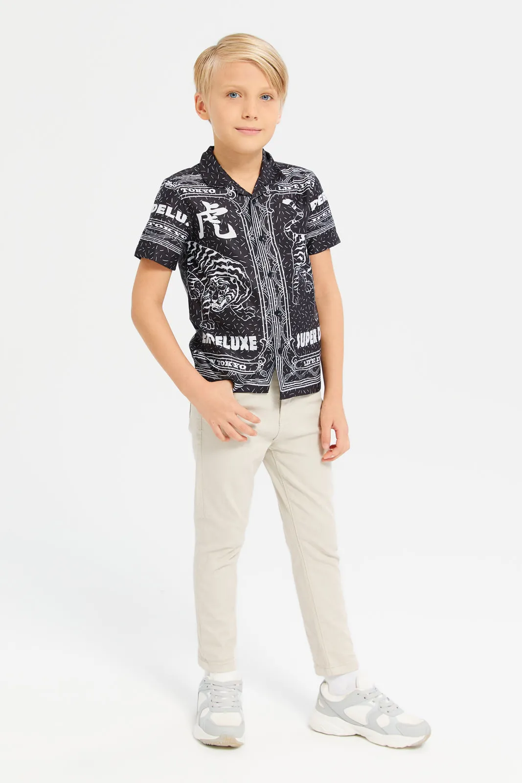 Boys Black Short Sleeve Placement Printed Shirt