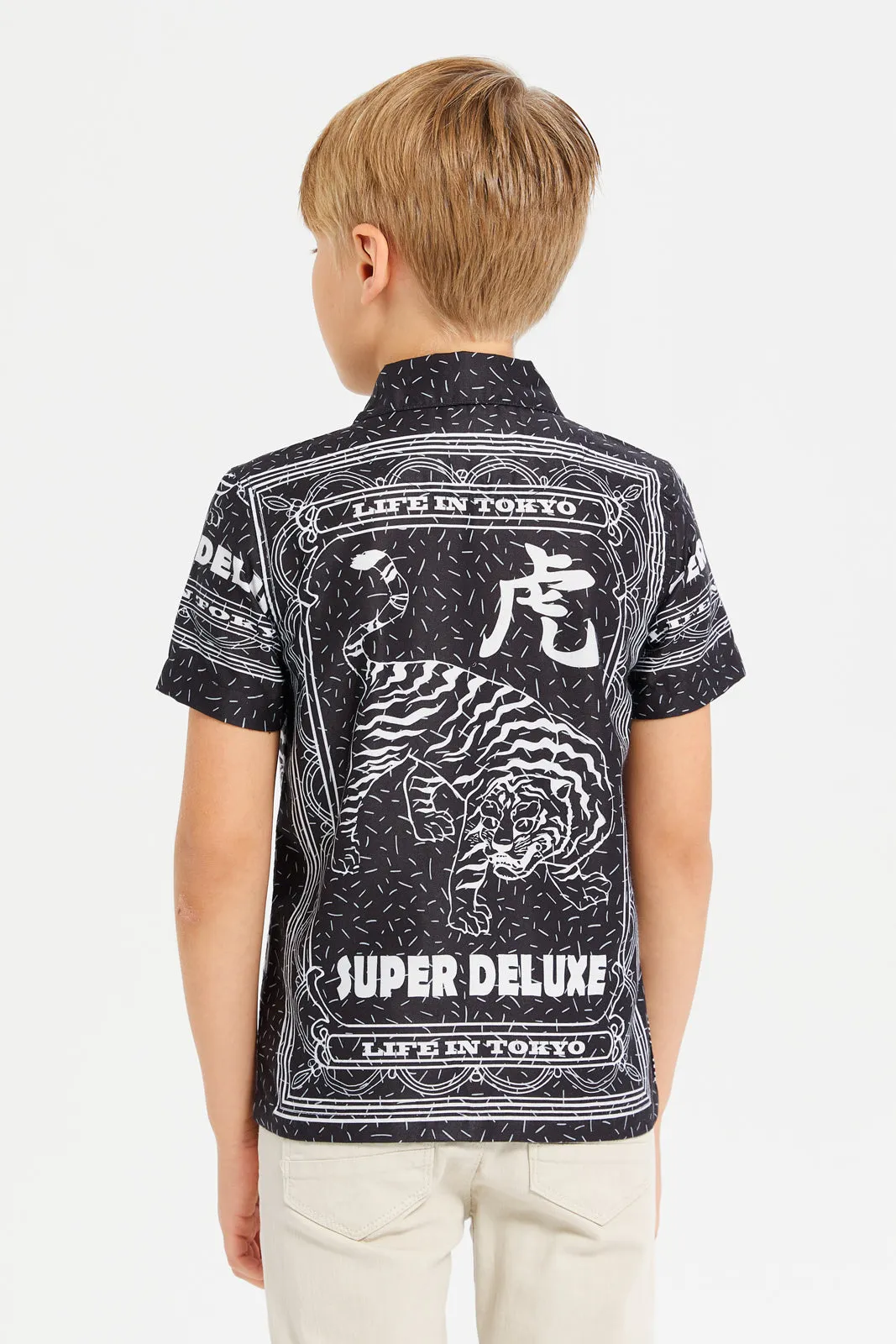 Boys Black Short Sleeve Placement Printed Shirt