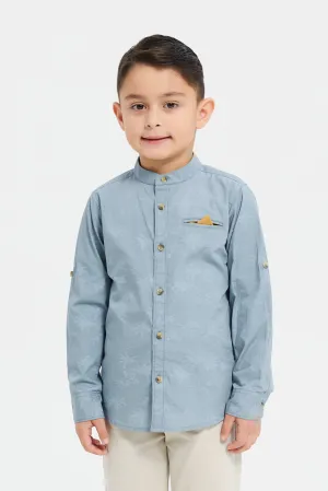 Boys Blue Printed Mandarin Shirt